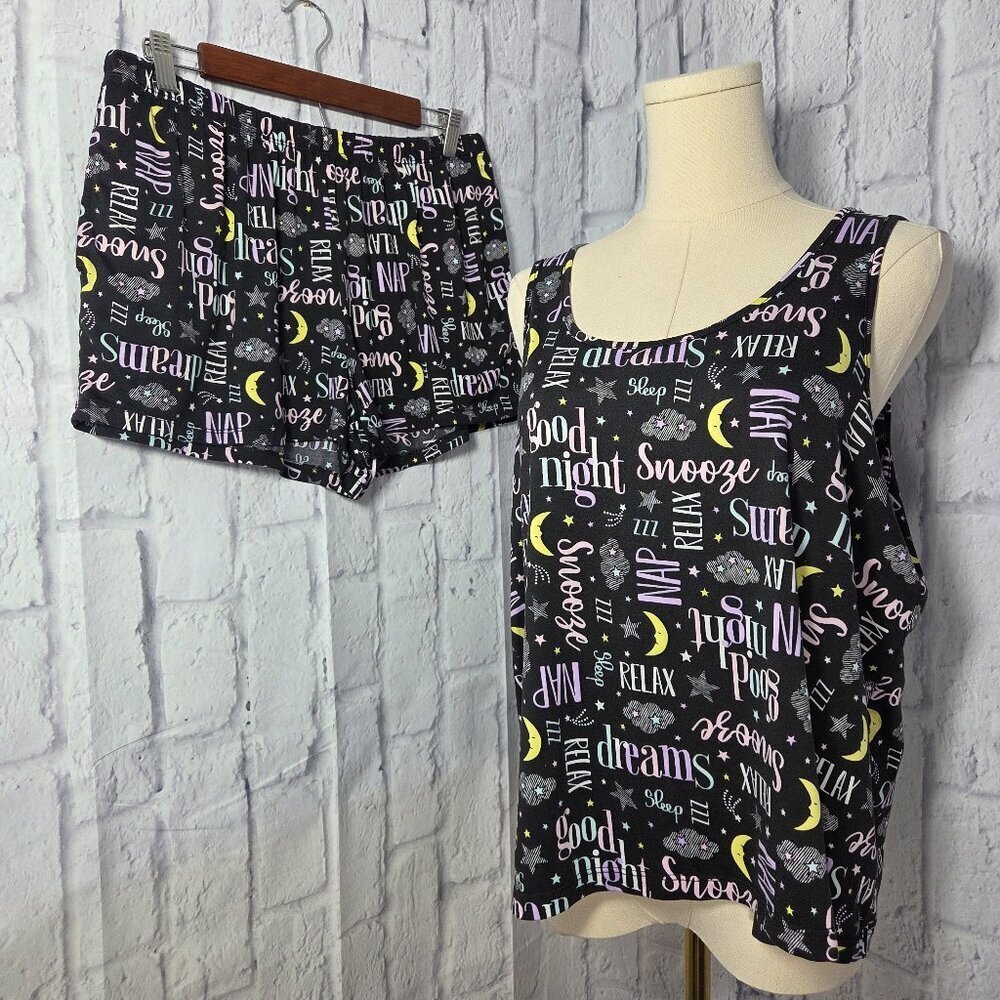 Joyspun Large Black Pink Sleep Print Shorts and Tank Top Pajama Loungewear Set